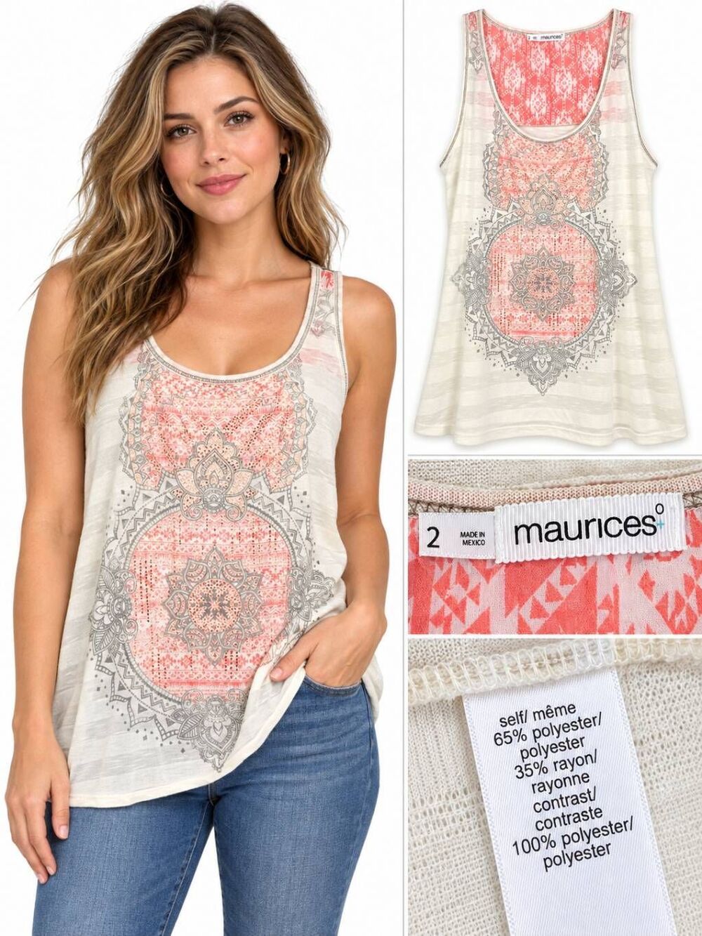Maurices 2x Ivory Coral Mandala Boho Tank Top